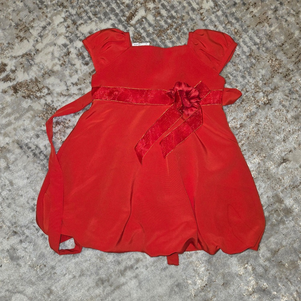 Peachy Kids Red Bubble Hem Holiday Dress Floral Sash Puffy Sleeve 6M